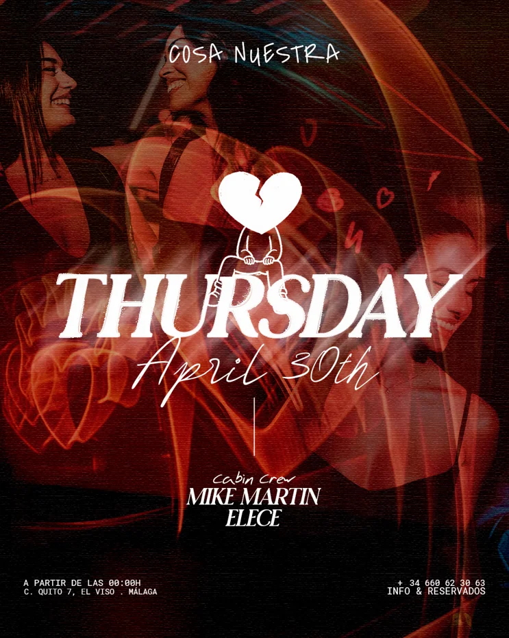 Jueves Universitario — Jueves 30 Abril · Mike Martin & Elece en Cosa Nuestra Málaga — Cosa Nuestra Málaga