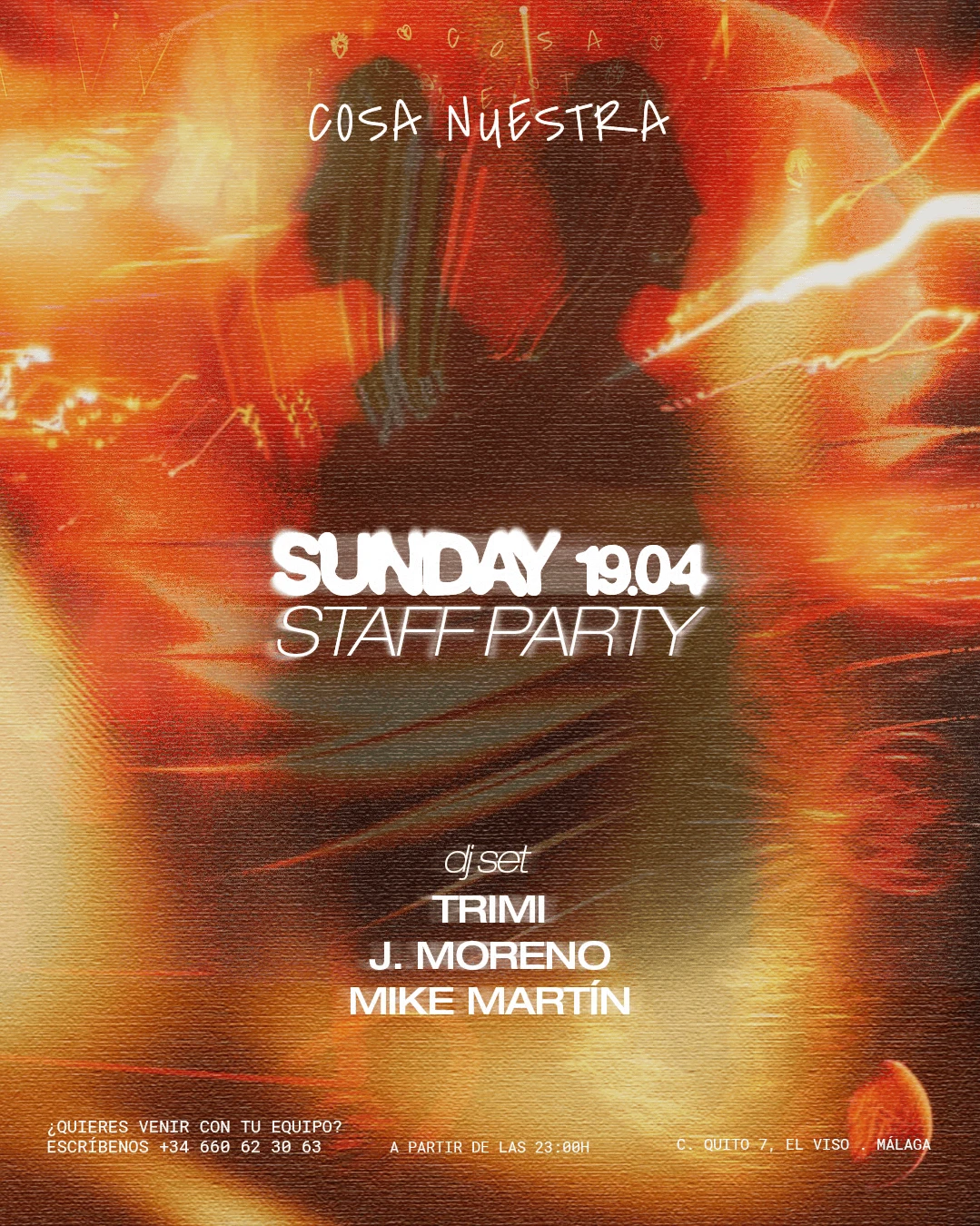 Sunday Staff Party — Domingo 19 Abril · La fiesta de la hostelería de Málaga en Cosa Nuestra — Cosa Nuestra Málaga