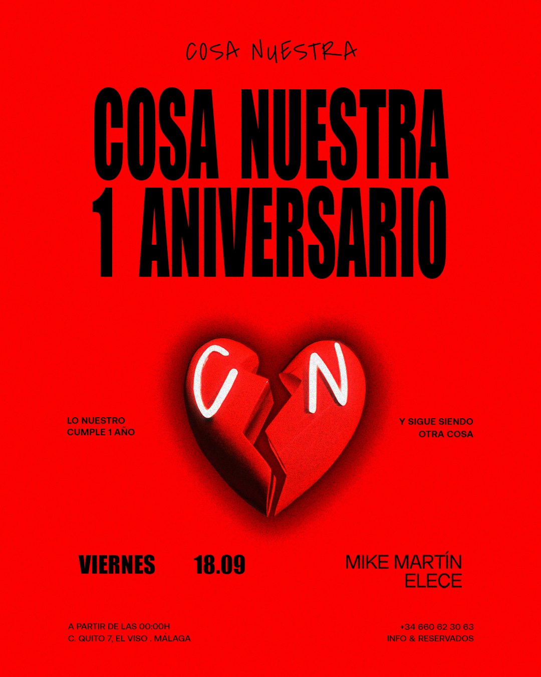 Cosa Nuestra 1º Aniversario — Mike Martín & Elece · Viernes 18 Septiembre · Málaga — Cosa Nuestra Málaga